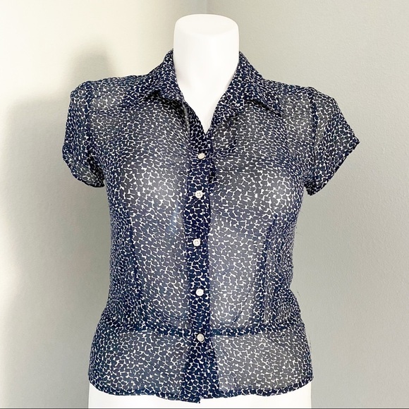 LIZ CLAIBORNE Navy Button Up Semi Sheer Top 10 - Picture 1 of 8